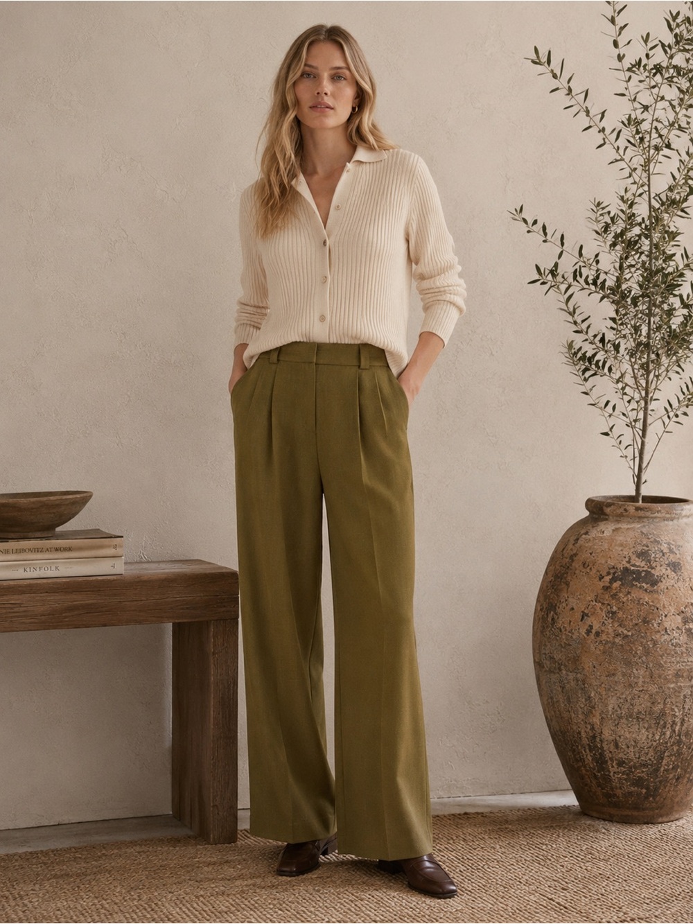 Topshop Olive Pleated Wide Leg Trousers Size 8 Earthy Minimalist